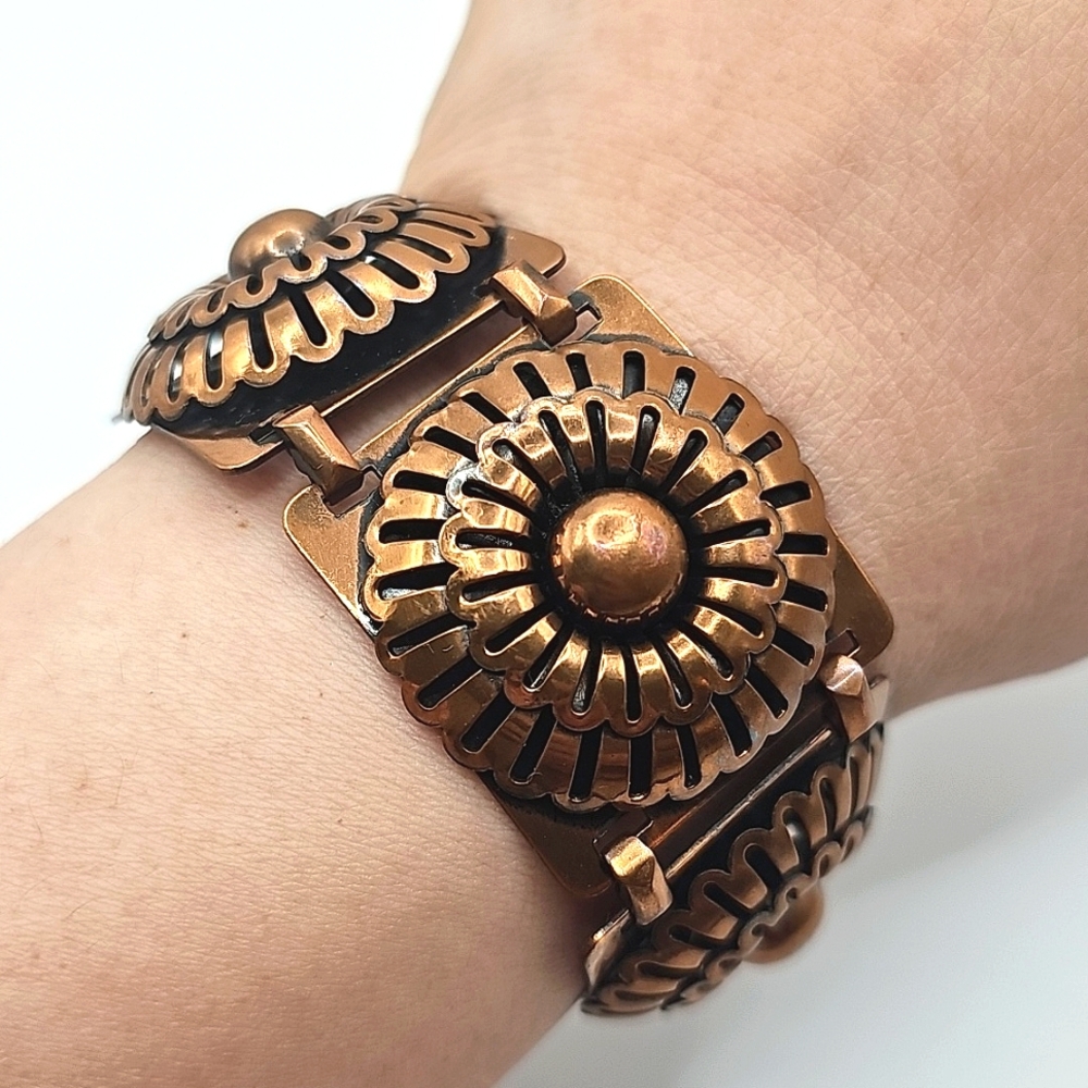 Rare 1950's Francisco Rebajes Copper Floral Motif Panel Bracelet